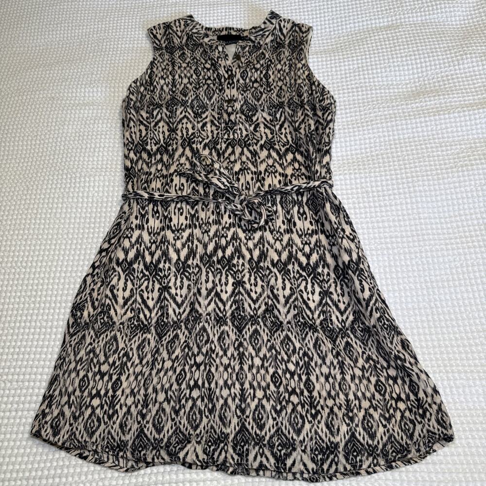 Cynthia Rowley Sleeveless Dress 100% Linen Size 8 Aztec Lined Beige Black EUC